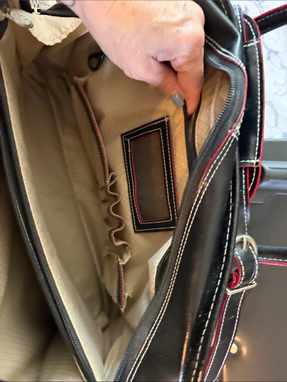 Black Leather Travel Briefcase with Red Accent Trim